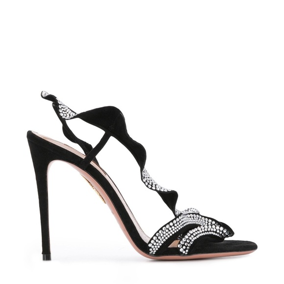 NWT Aquazzura Ruffle Black Suede Crystal Sandal Size 37.5/7.5 - Picture 3 of 11
